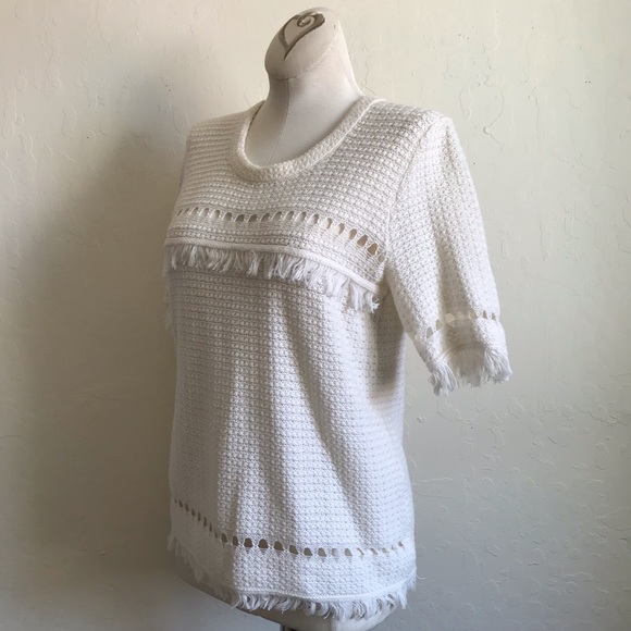 J.Crew 100% Cotton Fringe Bohemian Short Sleeve Knit Sweater Top - Picture 2 of 7